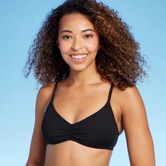 Shade & Shore Other - Shade & Shore Black Ruched Ribbed Bralette Bikini Top Size Large